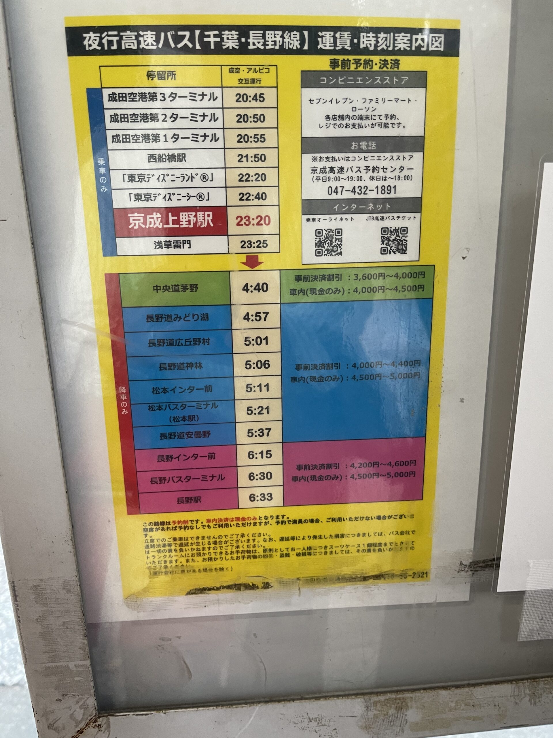 夜行高速バス千葉・長野線の時刻表
